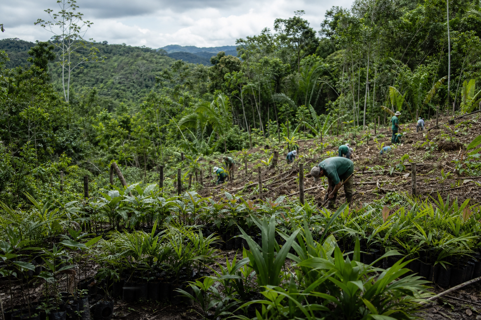 Floresta amazônica em recuperação com viveiro de mudas nativas e trabalhadores em atividade de restauração ambiental