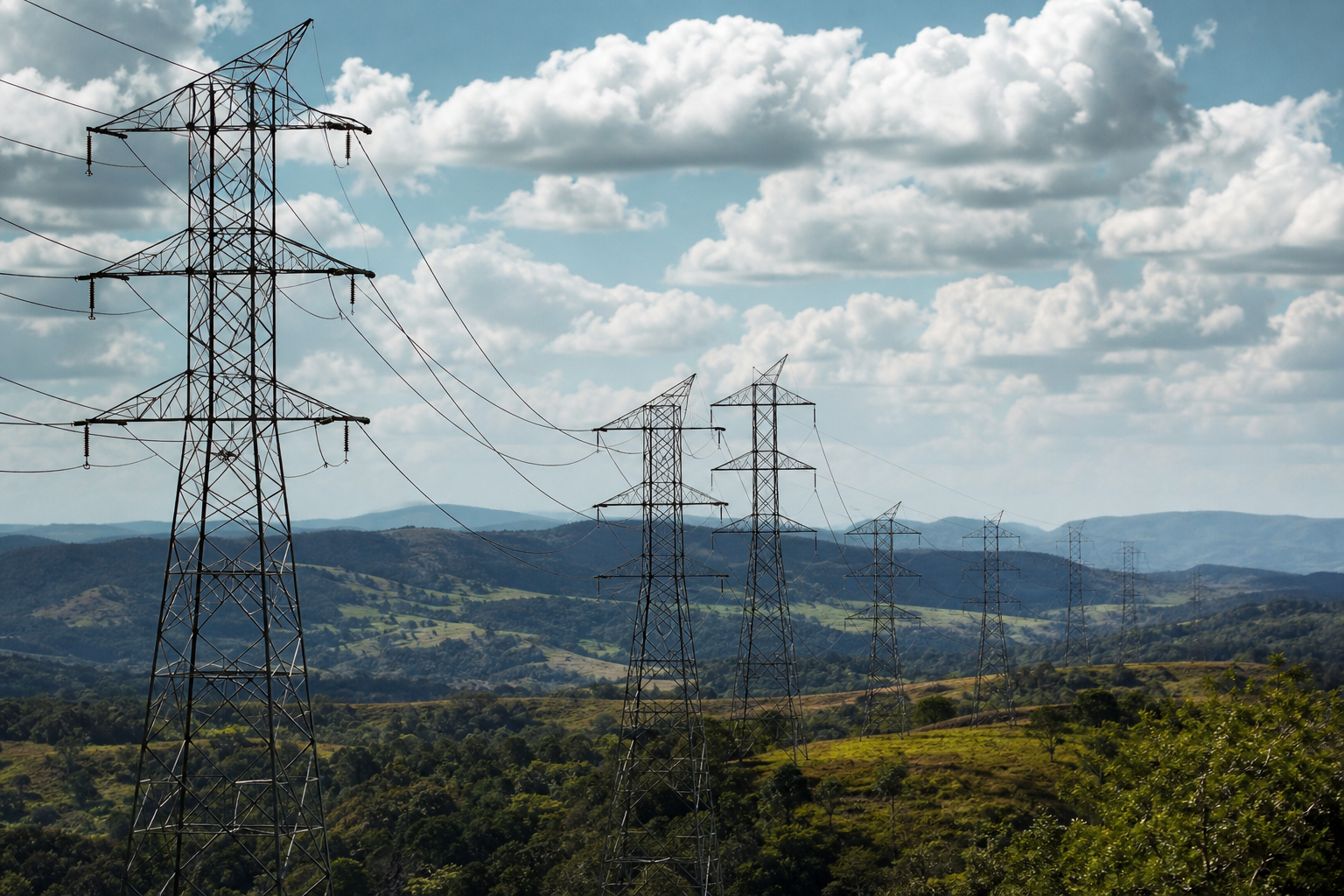 Torres de transmissão de energia elétrica em uma paisagem brasileira durante o dia